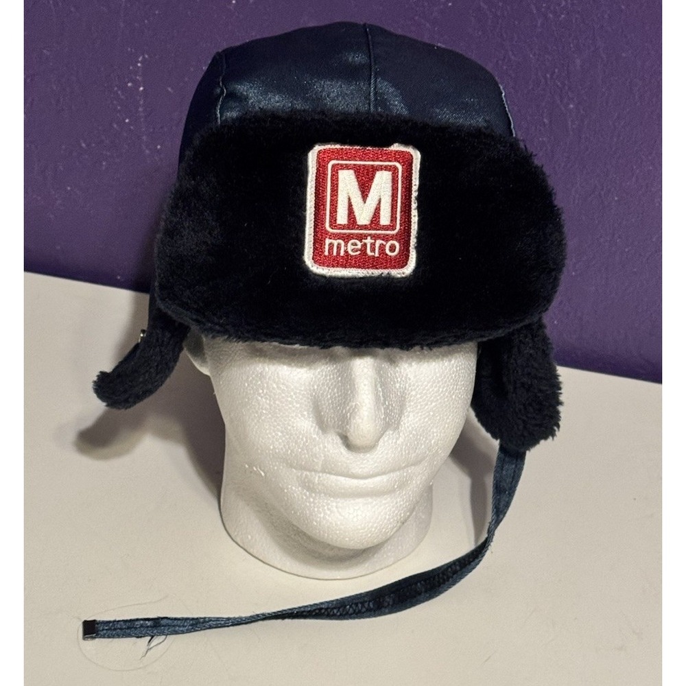 Vintage WMATA Metro "M" Ear Flap Trapper Winter Hat Made USA Navy Faux Fur